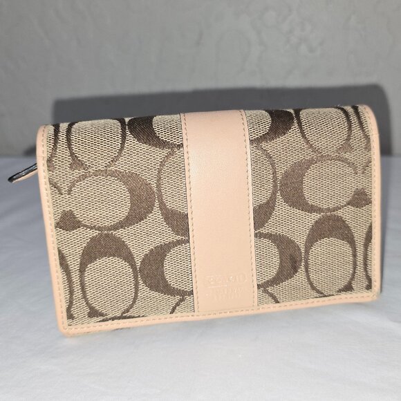 Coach Signature Canvas & Leather Khaki Brown Wallet Bifold Zip Coin Compartment - Picture 1 of 11